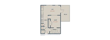 A floor plan of a small apartment with a living room, sleeping area, kitchen, and bathroom.