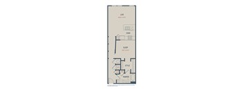 A floor plan of a small apartment with a living room, kitchen, sleeping area, and bathroom.