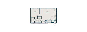 A floor plan of a house with a sleeping area, a living area, a kitchen, and a pantry.