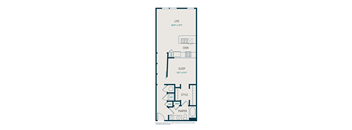 A floor plan of a small apartment with a living room, kitchen, sleeping area, and bathroom.