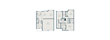 A floor plan of a two bedroom apartment with a living area, kitchen, and bathroom.