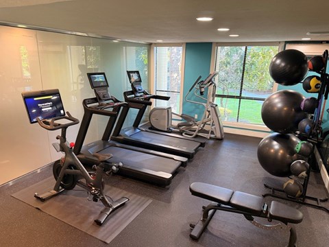 A gym with treadmills, exercise bikes, and weight training equipment.