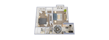 A 3D floor plan of a house showing a living room, kitchen, and bathroom.