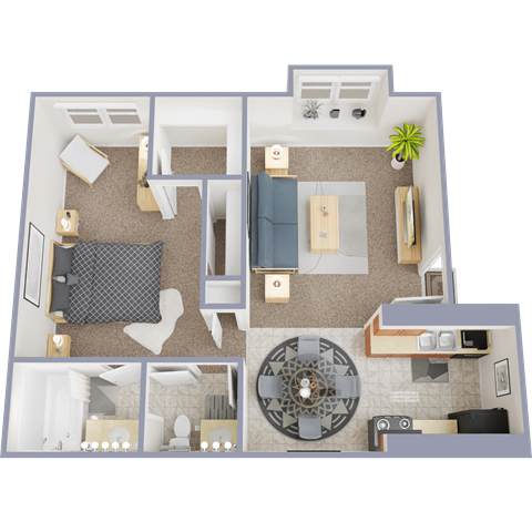 A 3D floor plan of a house showing a living room, kitchen, and bathroom.