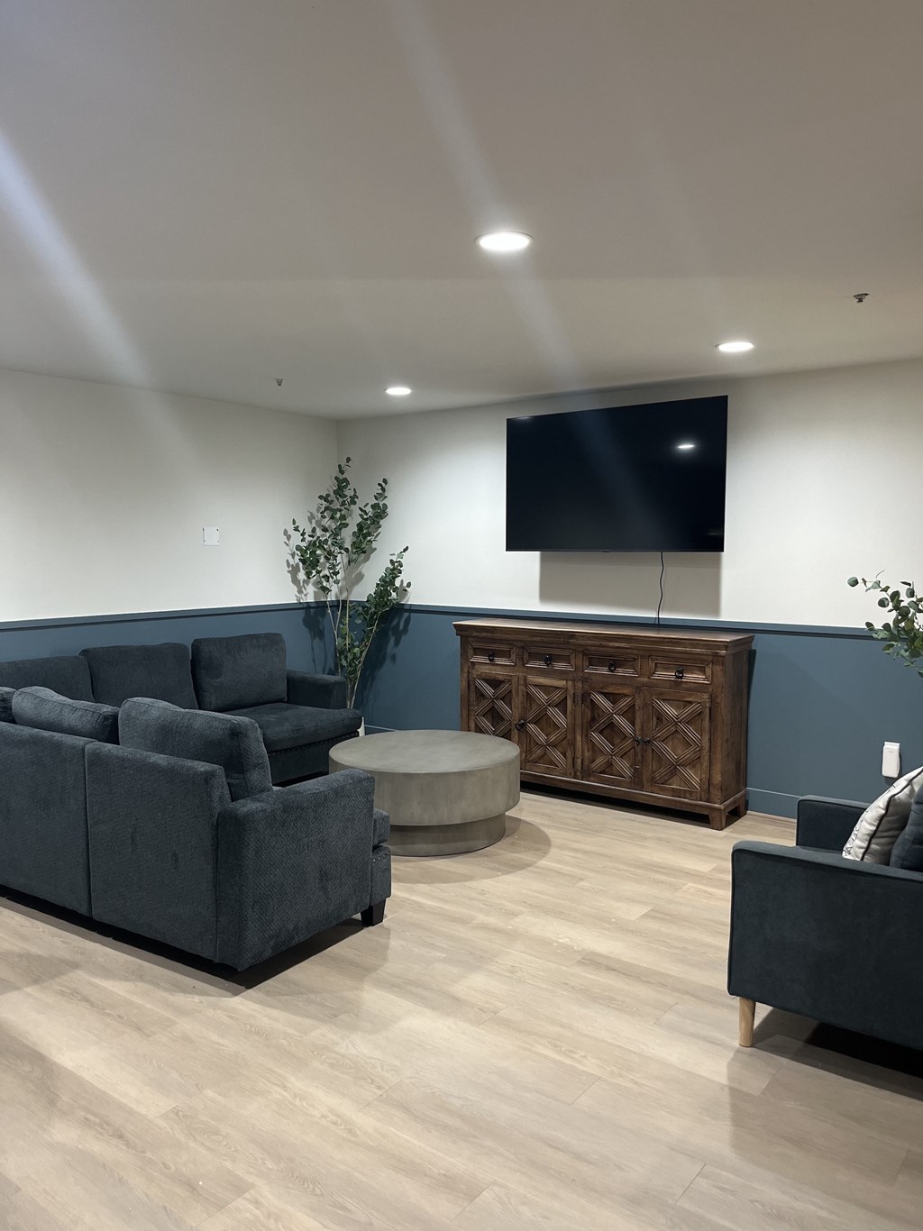A living room with a grey sofa, a wooden cabinet, and a flat screen TV mounted on the wall.