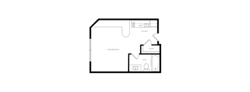 A black and white floor plan of a small apartment with a kitchen, living/bedroom, bathroom, and closet.