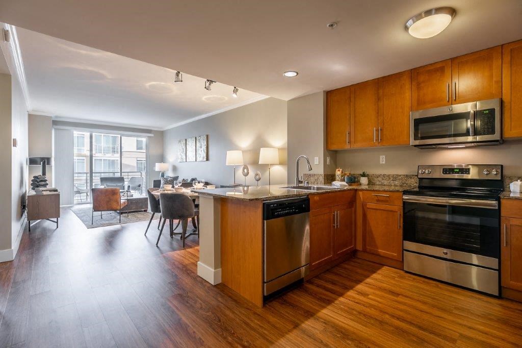 The Mercer Apartment view from entry of kitchen and living room space