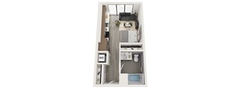 A small apartment with a bathroom and a living room.
