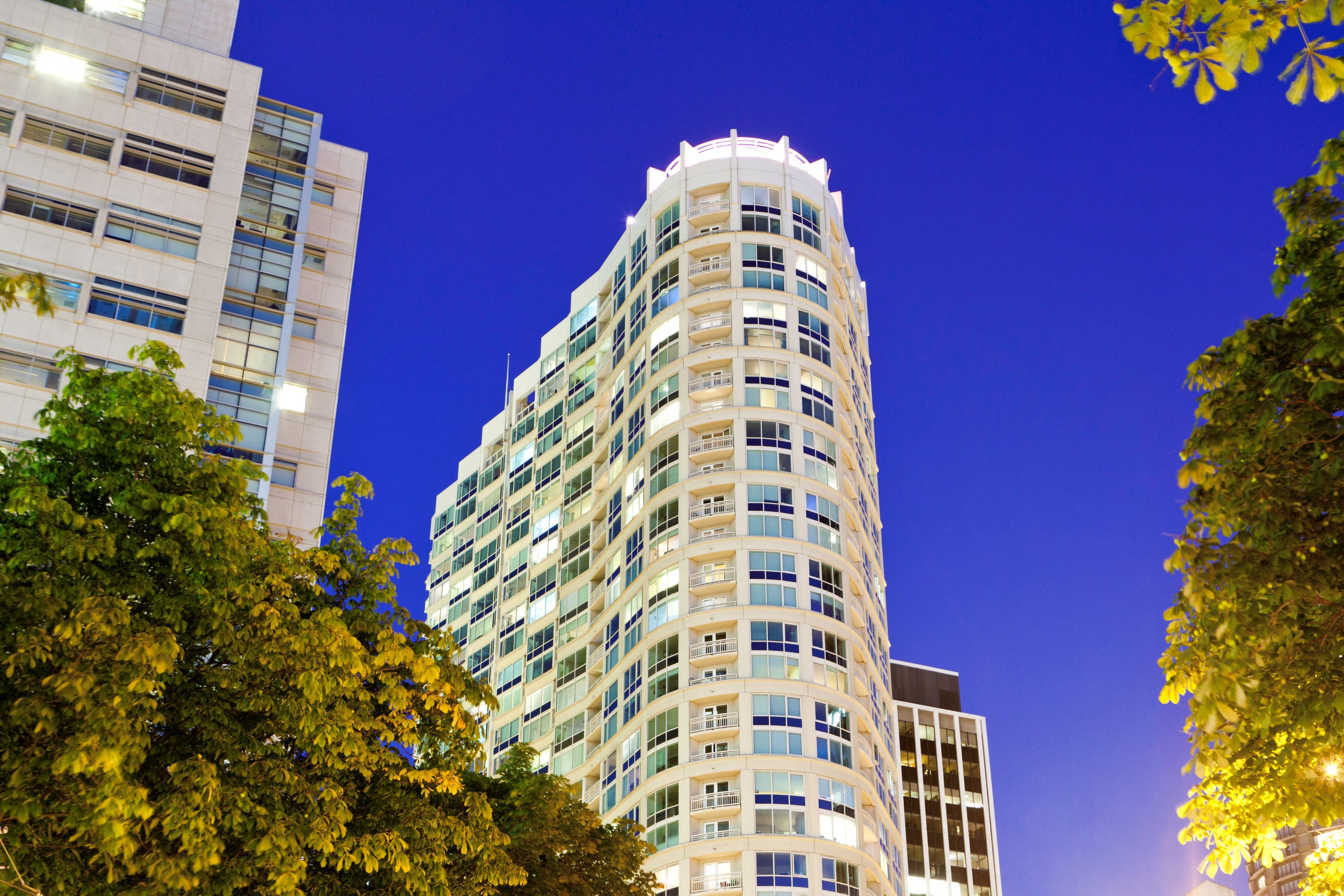 Met Tower Apartments Building Exterior Nighttime