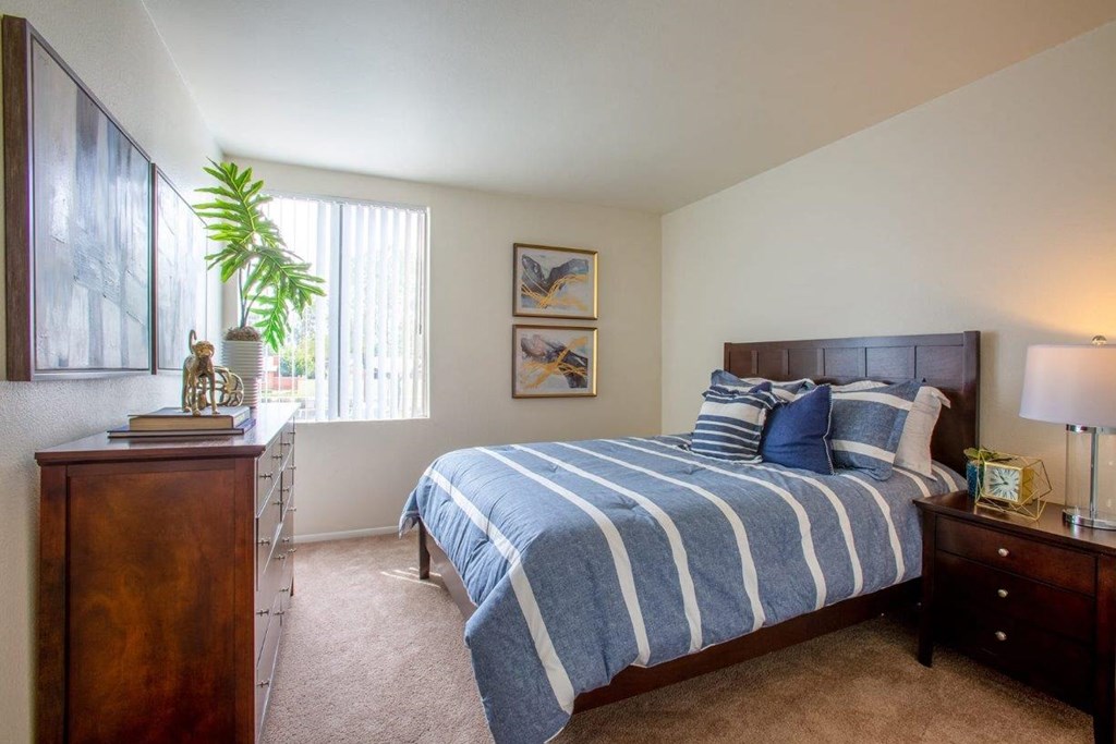 a bedroom with a bed and a dresser and a window