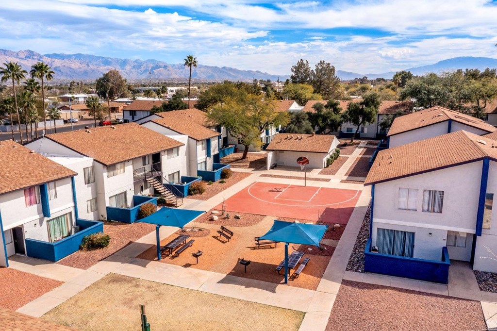 an aerial view of a basketball court surrounded by houses