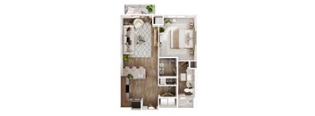 A top-down view of a modern apartment layout with a kitchen, living room, and bathroom.