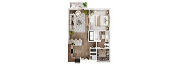 A series of images showing different views of a Millennium Place's A3 floor plan with a bedroom, living room, bathroom, kitchen, and balcony