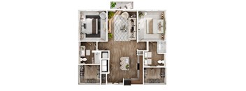 A series of images showing different layouts of a kitchen, living room, and bathroom.