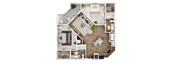 A top-down view of a house layout with a kitchen, living room, dining area, and bathroom.