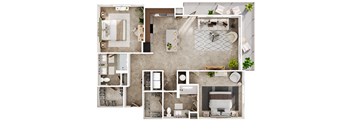 A floor plan of a house with a kitchen, living room, dining room, and bathrooms.