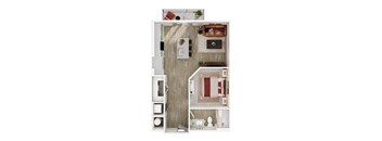 A top-down view of a small apartment with a kitchen, living room, and bathroom.