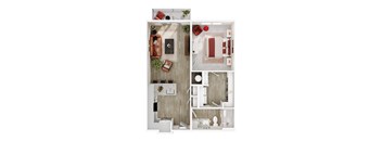 A top-down view of a modern apartment layout with a living room, kitchen, and bathroom.