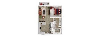 A top-down view of a modern apartment layout with a kitchen, living room, and bedroom.