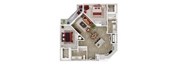 A top-down view of a house layout with a living room, dining area, kitchen, and bedrooms.