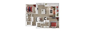 A top-down view of a living room, kitchen, and dining area.