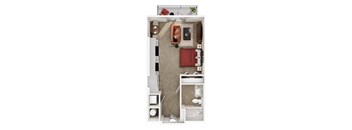 A top-down view of a small, neatly organized apartment with a bed, a couch, a desk, and a kitchenette.