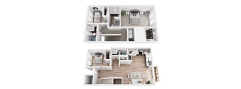 A white floor plan of a two-story house with a living room, kitchen, and bedrooms.