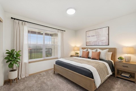A well-lit bedroom with a large bed and a potted plant.