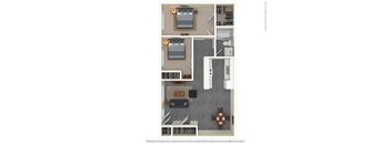 A floor plan of a house with a kitchen, living room, and two bedrooms.