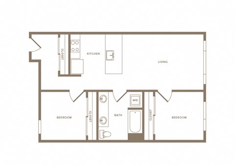 2 bedroom 1 bath floor plan at Wilcox, Seattle, Washington, 98107