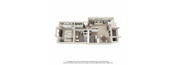 A 3D floor plan of a house with a kitchen, living room, and dining area.