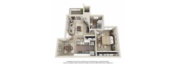 A 3D floor plan of a house with multiple rooms and furniture.