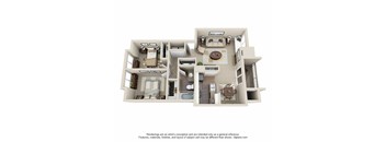 A 3D floor plan of a house with multiple rooms and furniture.