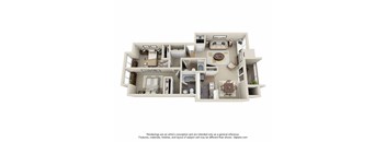 A 3D floor plan of a house with a kitchen, living room, and bedrooms.