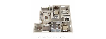 A 3D floor plan of a house with multiple rooms and furniture.