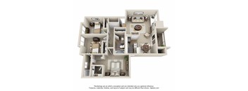 A 3D floor plan of a house with a kitchen, living room, and bedrooms.