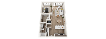 A top-down view of a small apartment with a living room, kitchen, and bedroom.
