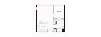 A black and white floor plan of a house with a living room, kitchen, bathroom, and bedroom.