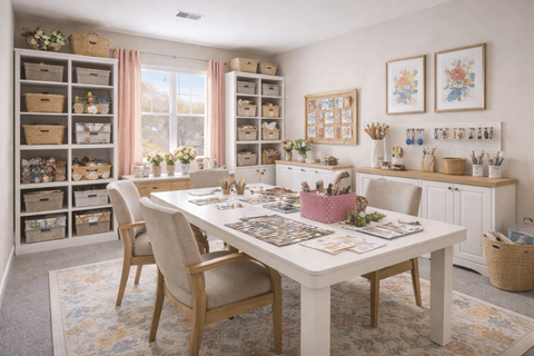 A dining room with a table set for a meal.