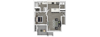 A top-down view of a modern apartment layout with a kitchen, living room, and dining area.