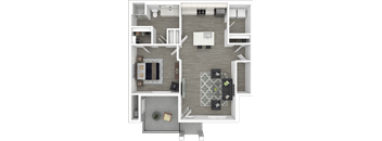 A top-down view of a modern apartment layout with a living room, kitchen, and two bedrooms.