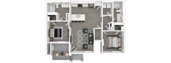 A top-down view of a house layout with a living room, kitchen, and two bedrooms.