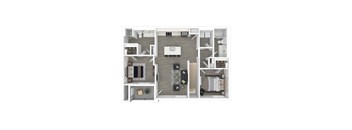 A floor plan of a two-bedroom apartment with a living room, kitchen, and bathroom.