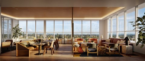 A modern living room with a view of the city.