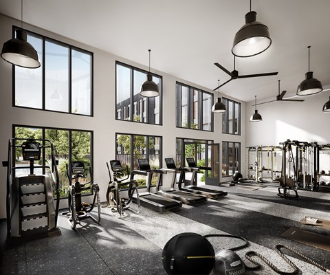 A gym with a variety of equipment including treadmills, weights, and exercise machines.