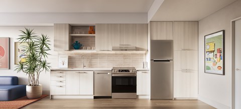 A modern kitchen with white cabinets and a stainless steel refrigerator.
