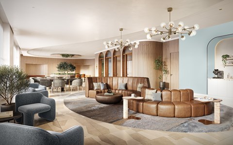 A modern living room with a large brown leather sofa and a chandelier.