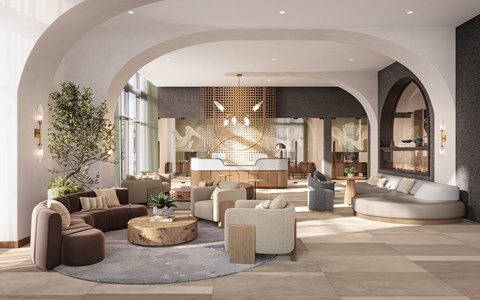 A modern living room with a variety of seating options and a large window.