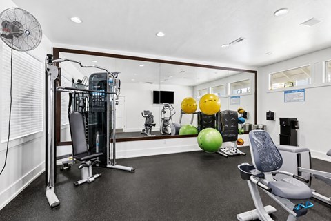 A well-equipped home gym with a variety of exercise equipment.