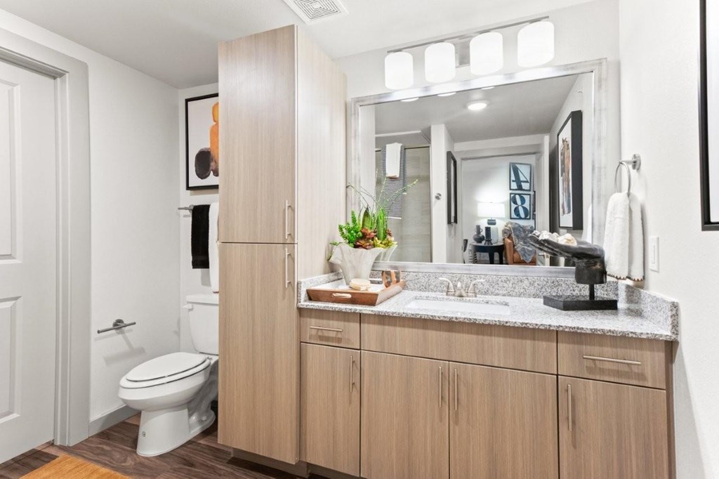 A bathroom with a toilet, sink, and mirror.